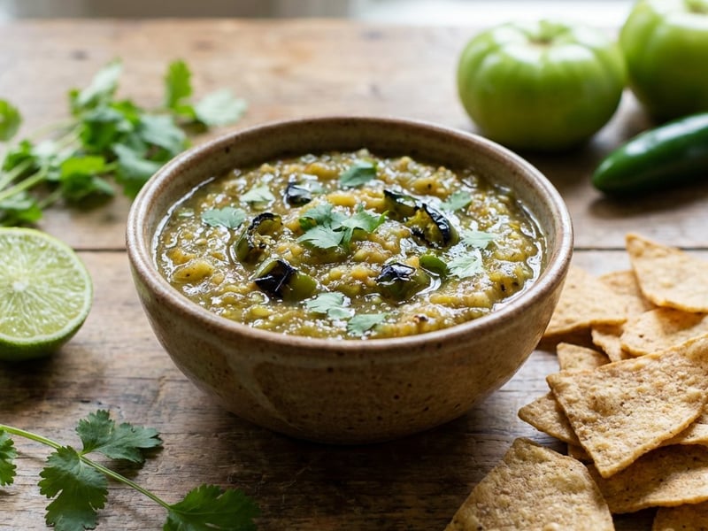 Salsa aus grünen Paradeisern mit Tortilla-Chips