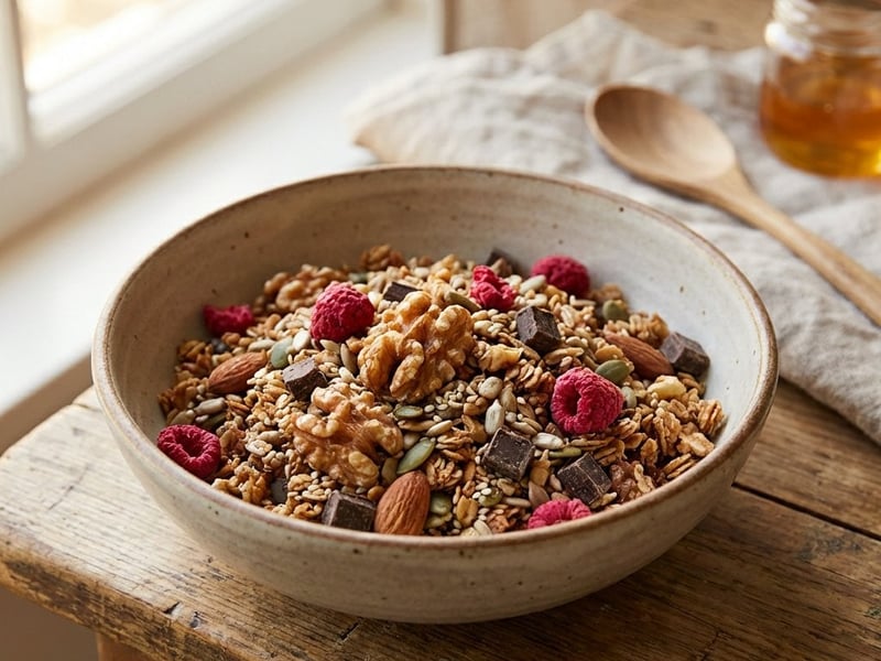 Crispy Nut Granola with Raspberries