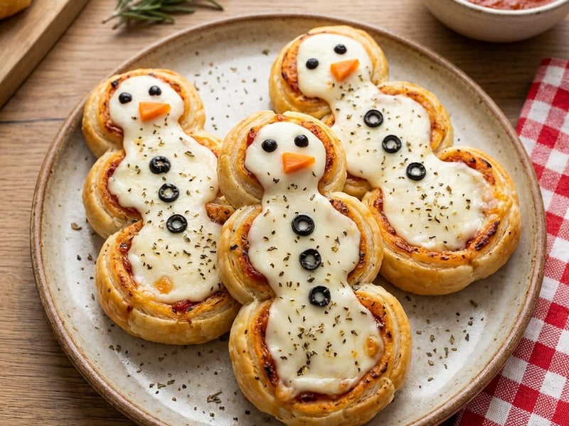 Lustige Schneemann-Pizzaschnecken aus Blätterteig