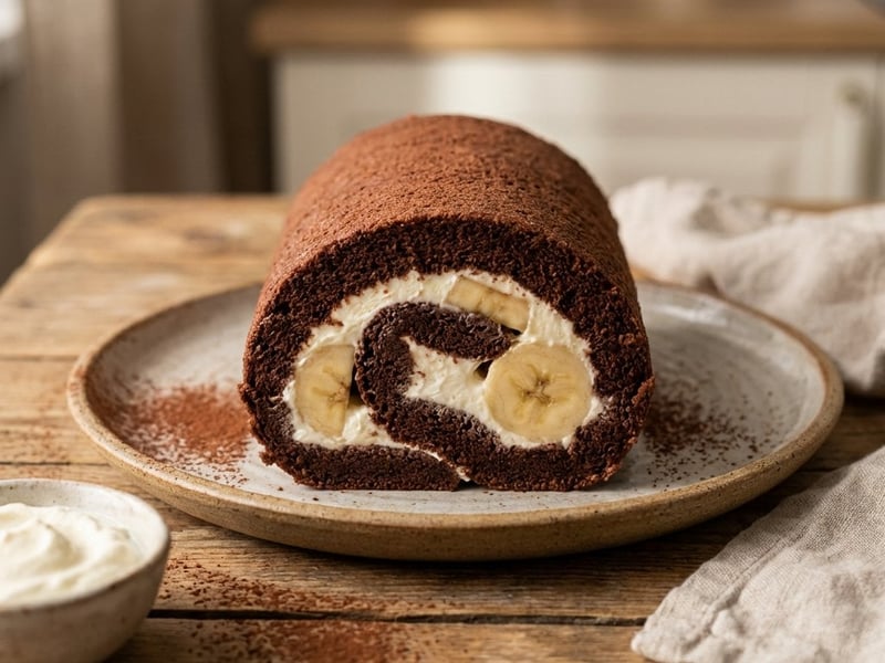 Schokoroulade mit Bananen und Topfencreme