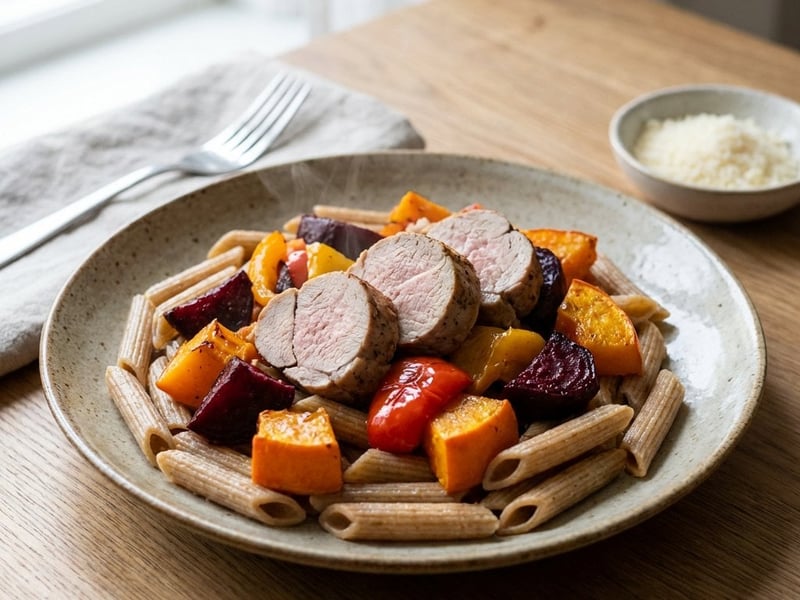 Whole Wheat Pasta with Pork Tenderloin and Roasted Vegetables