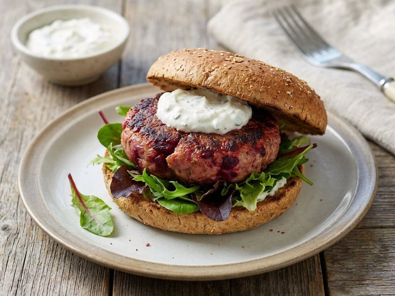 Juicy Beetroot Burger with Goat Cheese Dip