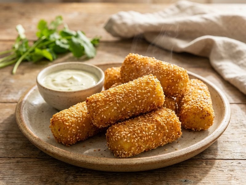 Crispy Sesame Potato Croquettes with Cheddar