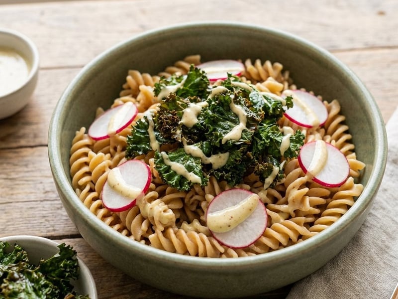 Protein Pasta with Roasted Kale and Radish Dip
