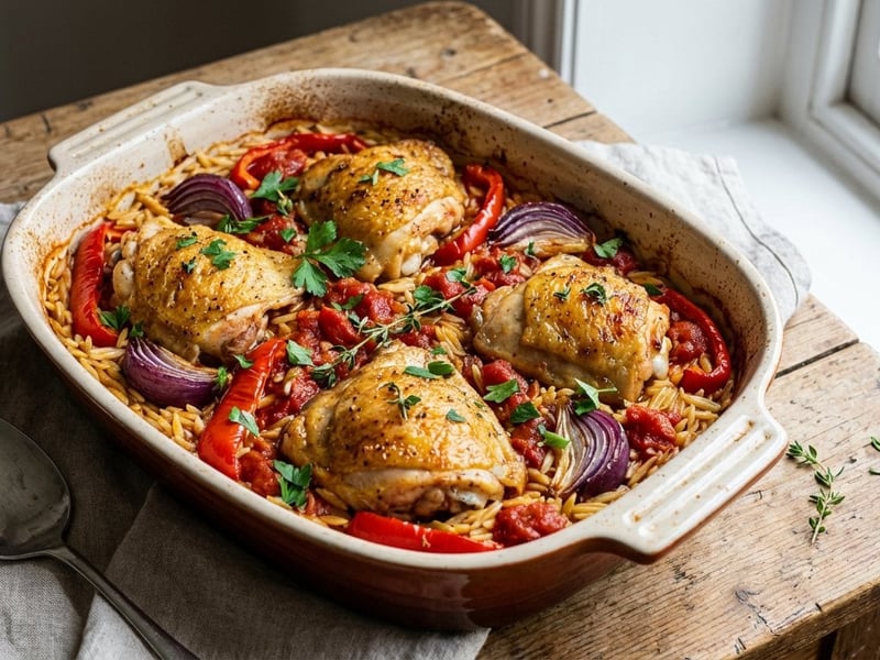 Oven-baked Chicken with Vegetables and Orzo