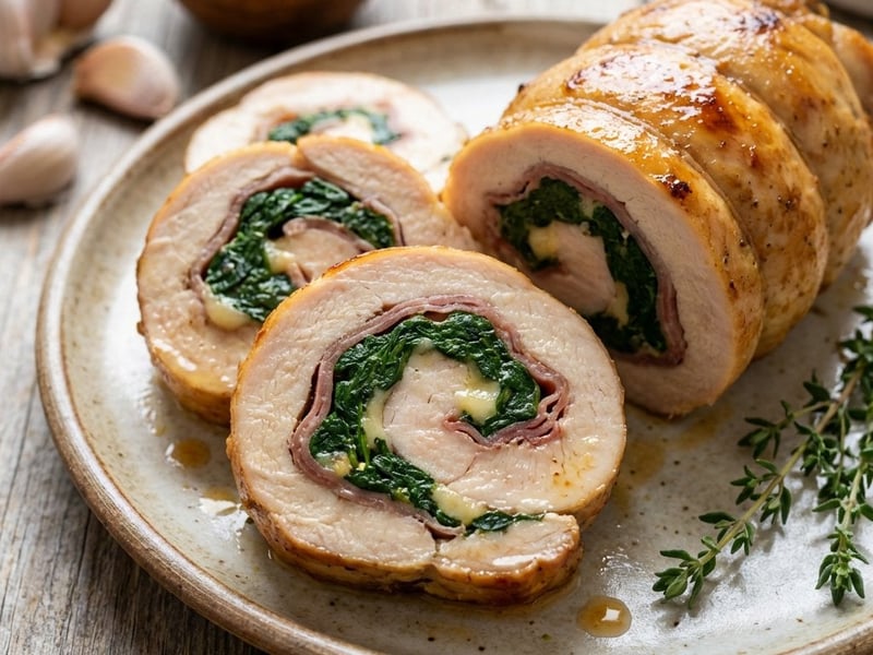 Festive Chicken Roulade with Cured Ham, Parmesan, and Spinach