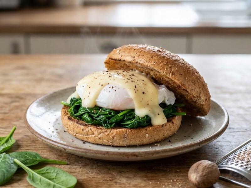 Eggs Florentine in a Wholemeal Bun