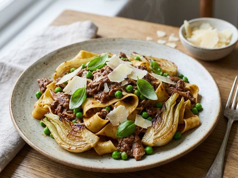 Pappardelle mit Kaninchenragout, Erbsen und Fenchel