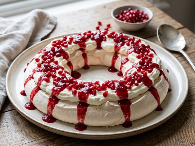 Pavlova Wreath with Pomegranate and Raspberry Sauce