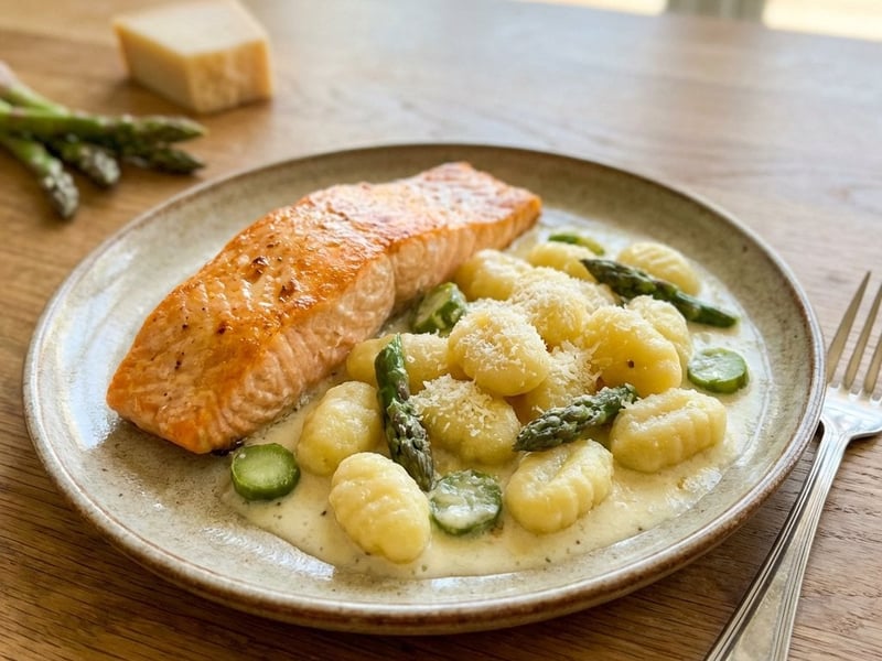 Baked Salmon with Gnocchi, Asparagus, and Cheese Sauce
