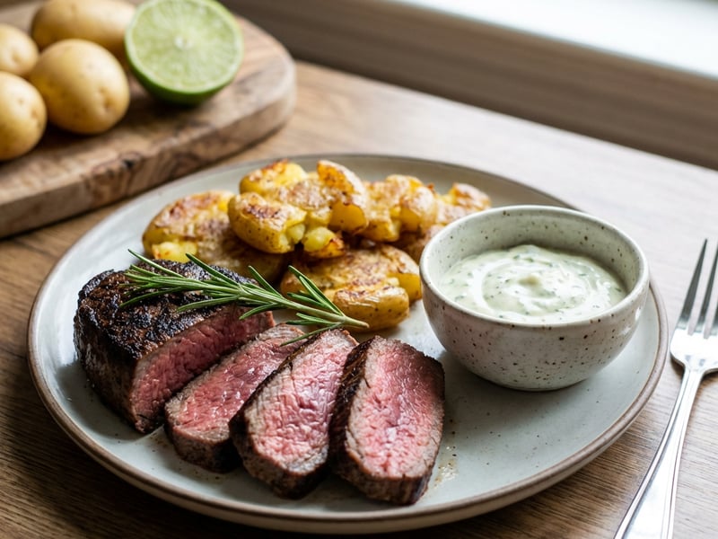Eye Round Steak with Smashed Potatoes and Coriander Mayonnaise