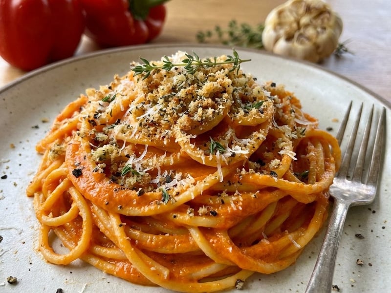 Spaghetti with creamy Roasted Bell Pepper Sauce & Herb Crumbs