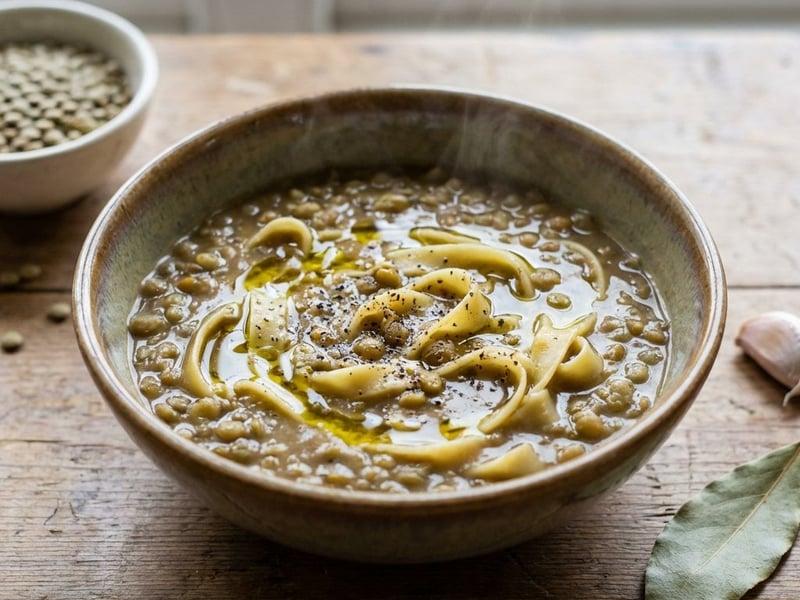 Herzhafte Linsensuppe mit breiten Tagliatelle-Nudeln