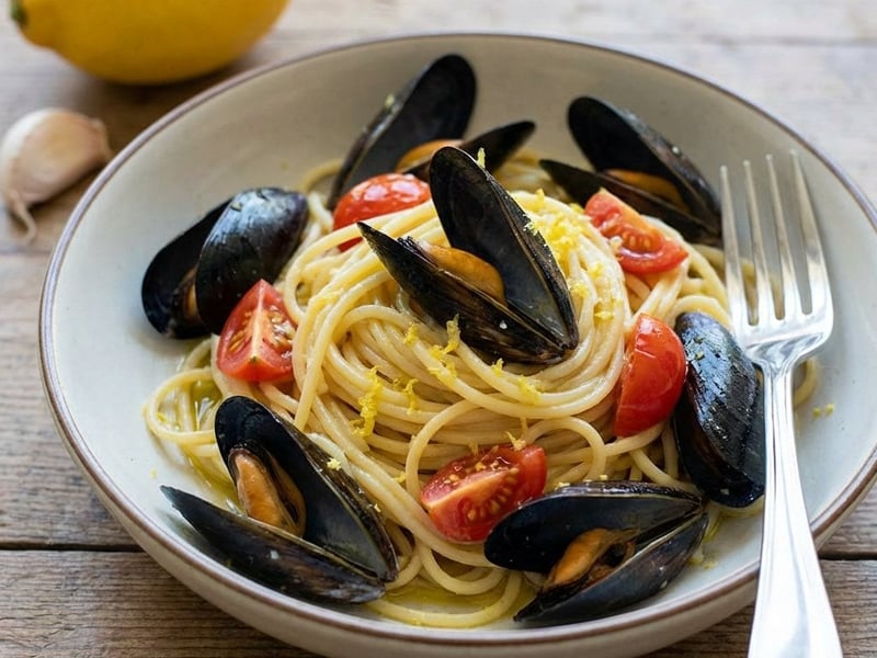 Spaghetti with Mussels and Cherry Tomatoes