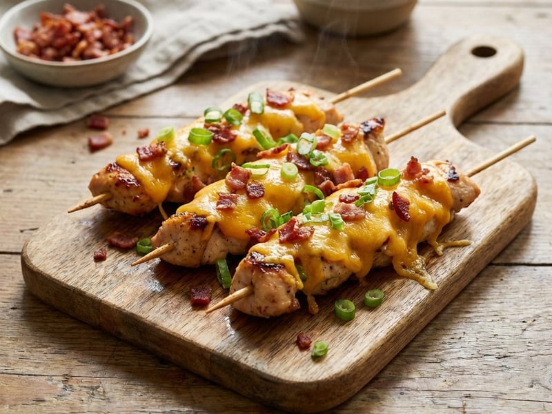 Hendlspieße mit Cheddar und Speck | Schnelles Rezept