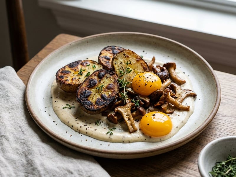 Potatoes in Ash with Garlic Sauce and Mushrooms
