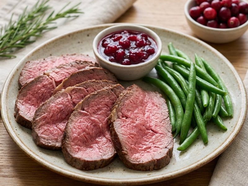 Klassisches Roastbeef mit Fisolen & Preiselbeeren