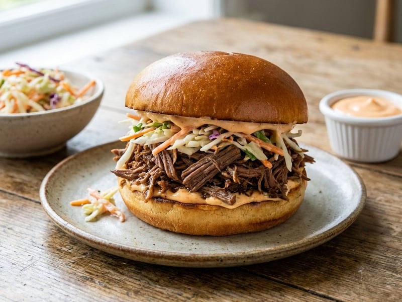 Saftiger Pulled Beef Burger mit Sriracha-Mayo