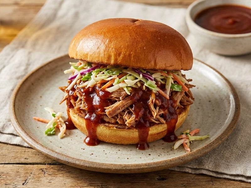 Pulled Pork Burger mit BBQ-Sauce und Coleslaw