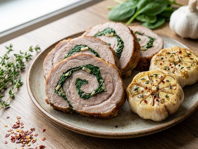 Pork Roulade with Spinach and Roasted Garlic