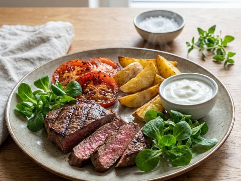 Gegrilltes Rumpsteak mit Erdäpfeln und Joghurt-Dip