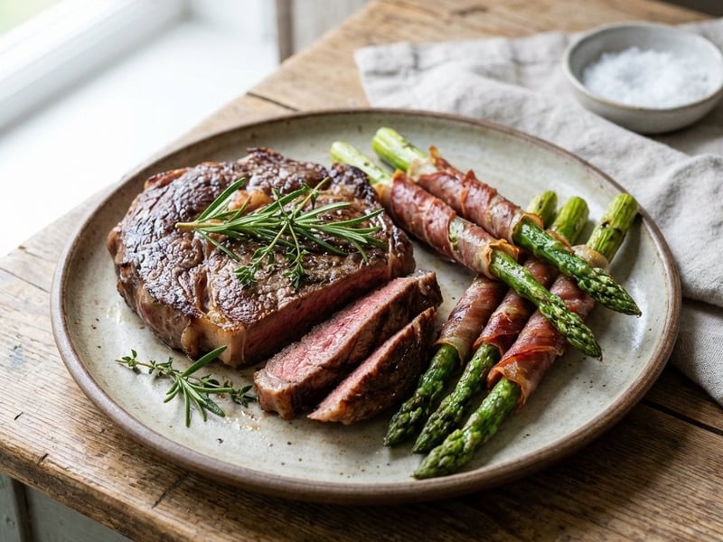 Gegrilltes Ribeye-Steak mit Baby-Spargel im Speckmantel