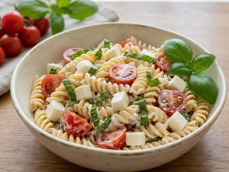Cremiger Nudelsalat mit Mozzarella & Basilikum