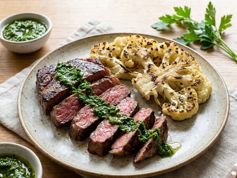 Steak mit Chimichurri und gegrilltem Karfiol