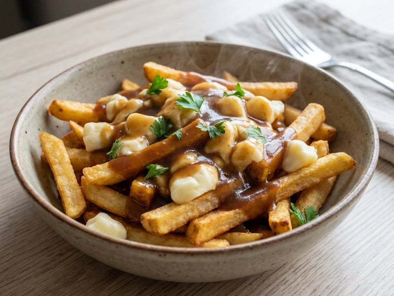 Klassische Kanadische Poutine mit Cheese Curds & Gravy
