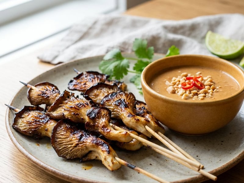 Asian Oyster Mushroom Skewers with Peanut Sauce
