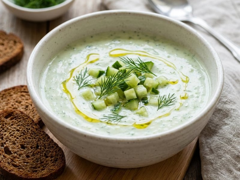 Erfrischende kalte Gurkensuppe mit Topfen & knusprigen Schwarzbrot-Crostini