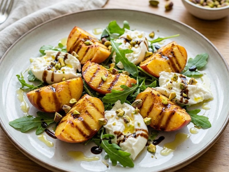 Grilled Peach and Burrata Salad with Pistachios