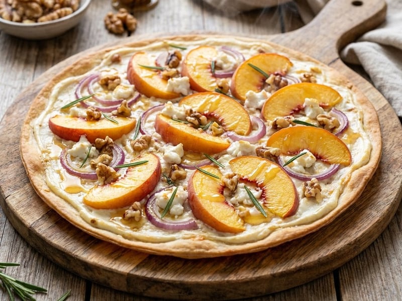 Flammkuchen with Peach & Goat Cheese | Oven-baked