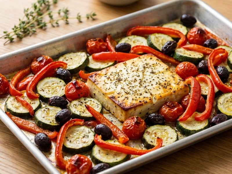 Summer Sheet Pan Vegetables with Baked Feta & Olives
