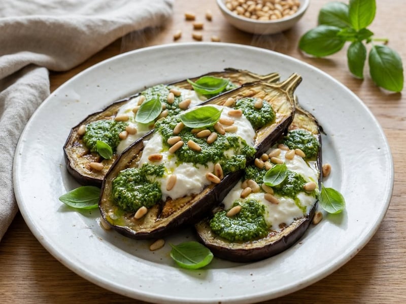 Geröstete Melanzani mit Stracciatella & Zitronen-Pesto