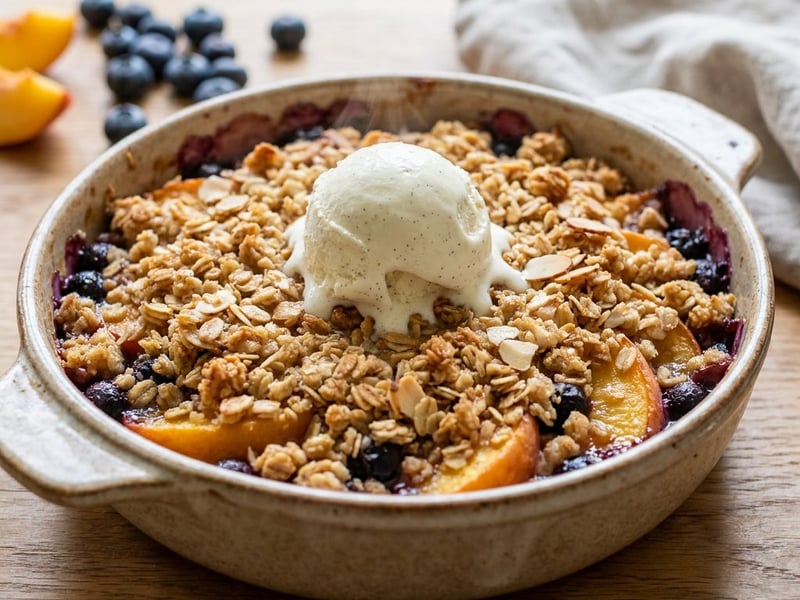 Pfirsich-Heidelbeer-Crumble | Knuspriges Sommer-Dessert