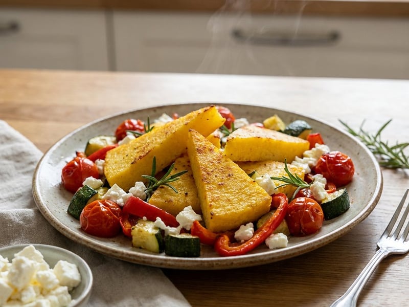 Knusprige Polenta-Schnitten mit Ofengemüse & Feta