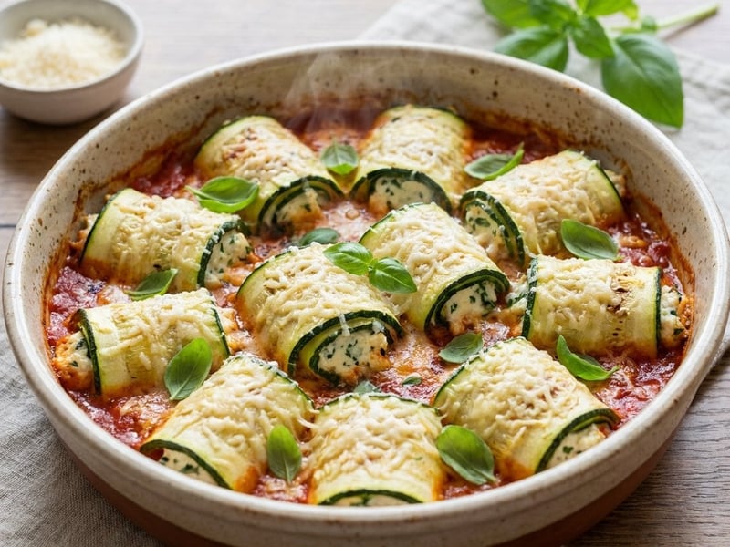 Sommerliche Zucchini-Röllchen mit Ricotta & Paradeisersauce | Aus dem Backrohr