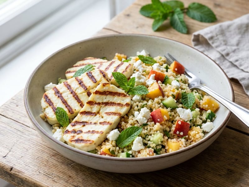 Grilled Halloumi on Peach Couscous Salad | Summery & Fresh
