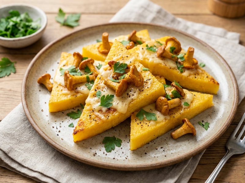 Polenta slices with chanterelles | Oven-baked