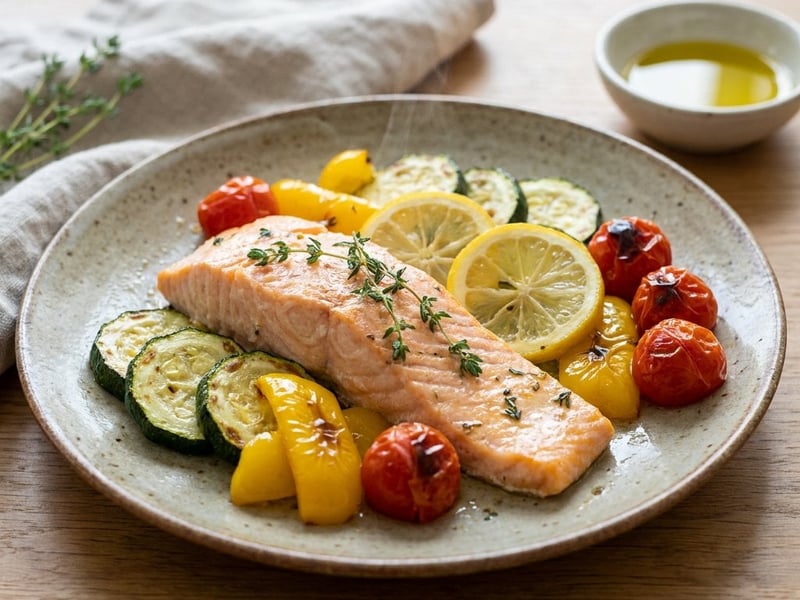 Zitronen-Lachs auf buntem Sommergemüse | Aus dem Backrohr