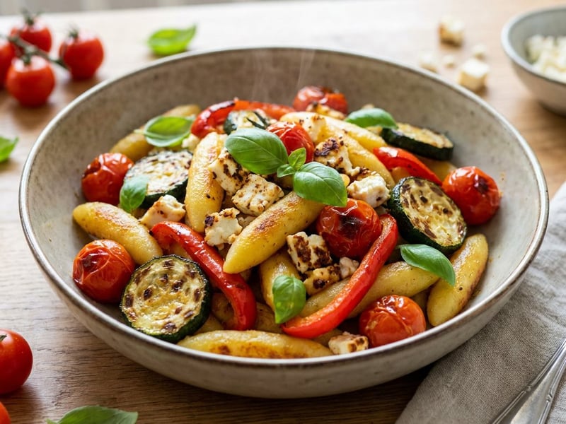 Mediterranean Schupfnudeln with summer vegetables & feta