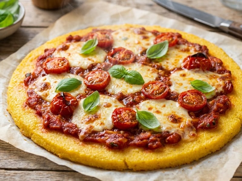 Knusprige Polenta-Pizza mit Paradeisern | Aus dem Backrohr