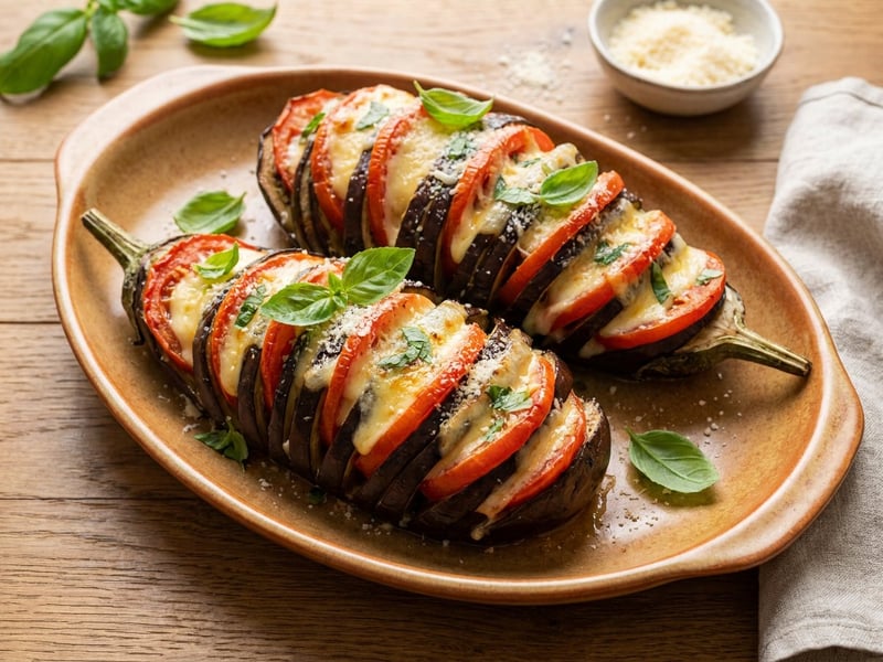 Knusprige Melanzani-Fächer mit Mozzarella | Aus dem Backrohr