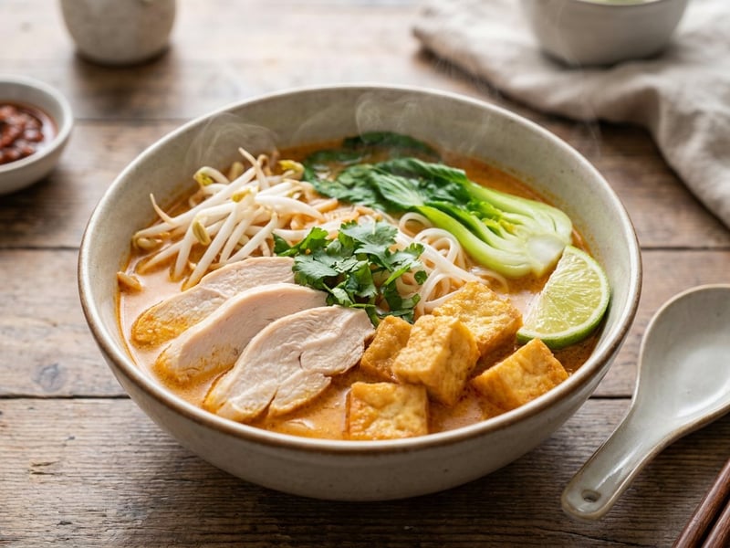 Malaysian Laksa with Tofu and Chicken | Spicy Noodle Soup