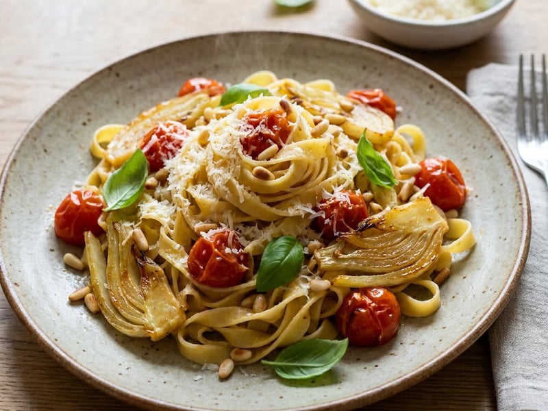 Tagliatelle mit karamellisiertem Fenchel & Paradeisern | Feiner Sommergenuss