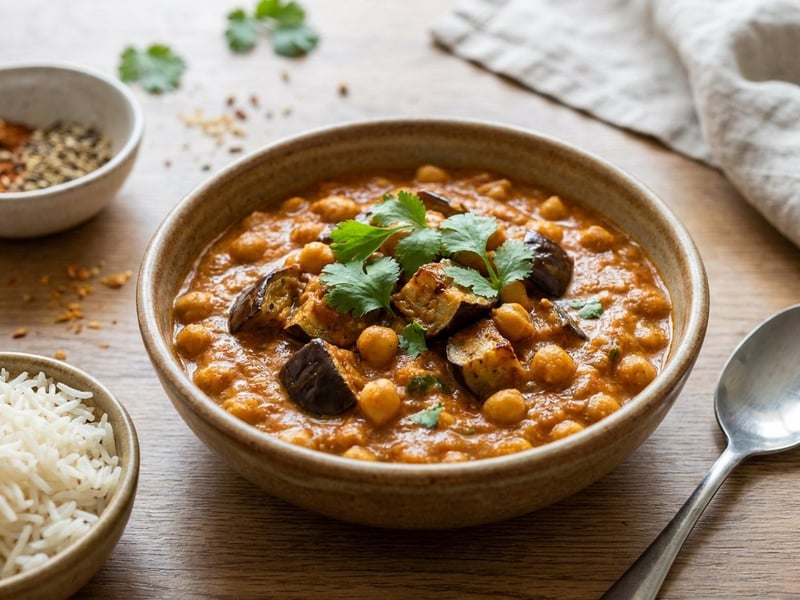 Indisches Melanzani-Kichererbsen-Curry | Baingan Chana