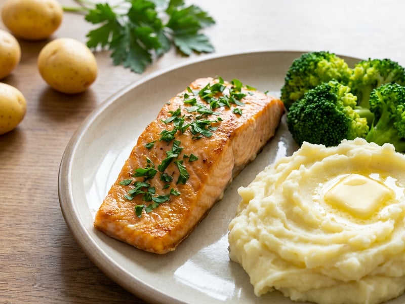 Fisch mit Kartoffelpüree und Brokkoli