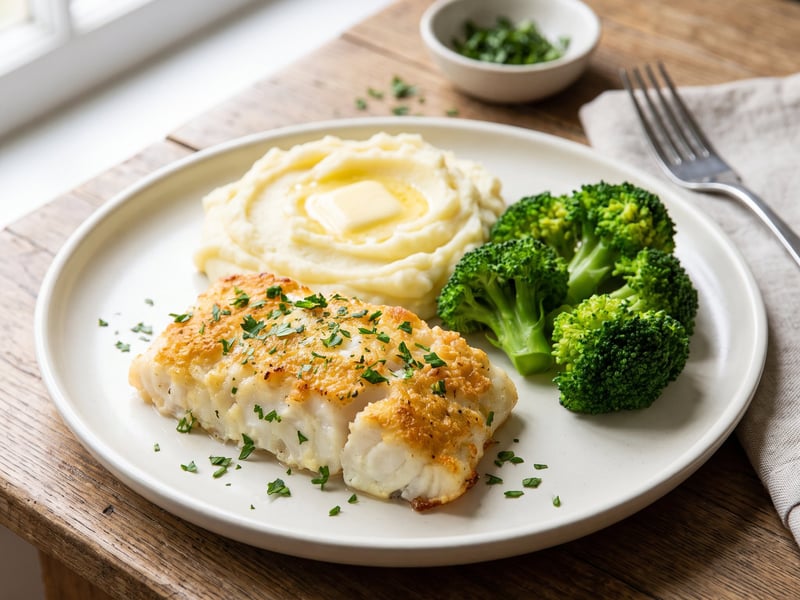 Fisch mit Kartoffelpüree und Brokkoli