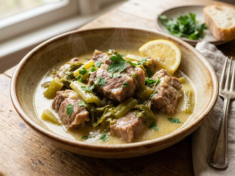 Griechisches Hirino me Selino (Geschmortes Schweinefleisch mit Sellerie & Avgolemono)